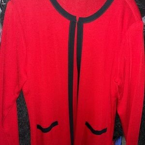 Chic Red Cardigan with Black Trim